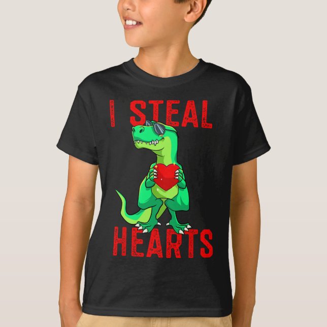 I Steal Hearts Valentines Day Dinosaur Boys Valent T-Shirt (Front)