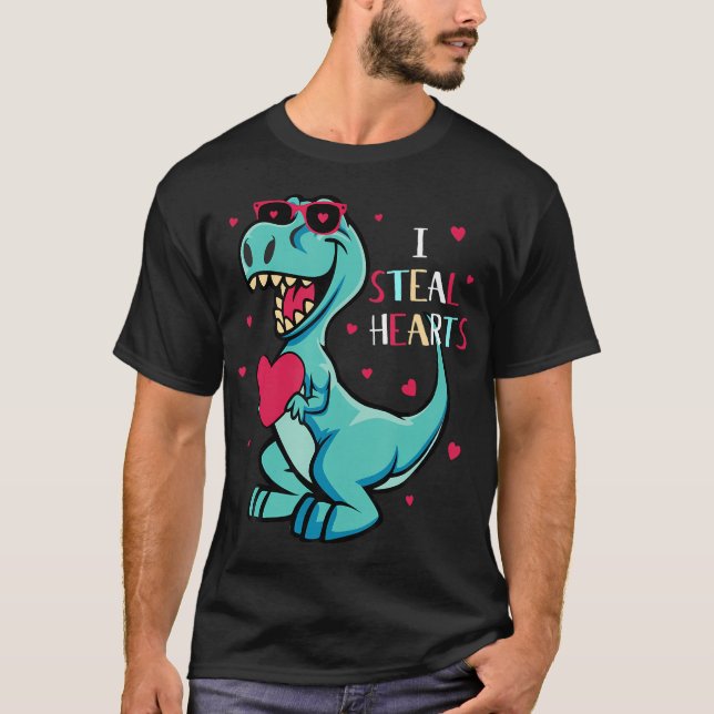 I Steal Hearts Valentines Day Dinosaur Boys Valent T-Shirt (Front)