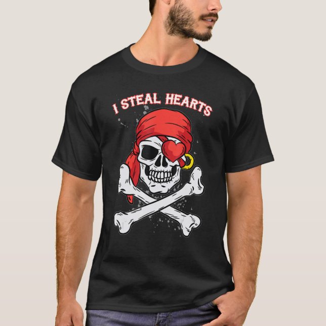 I Steal Hearts Valentines Day Jolly Roger Pirate S T-Shirt (Front)
