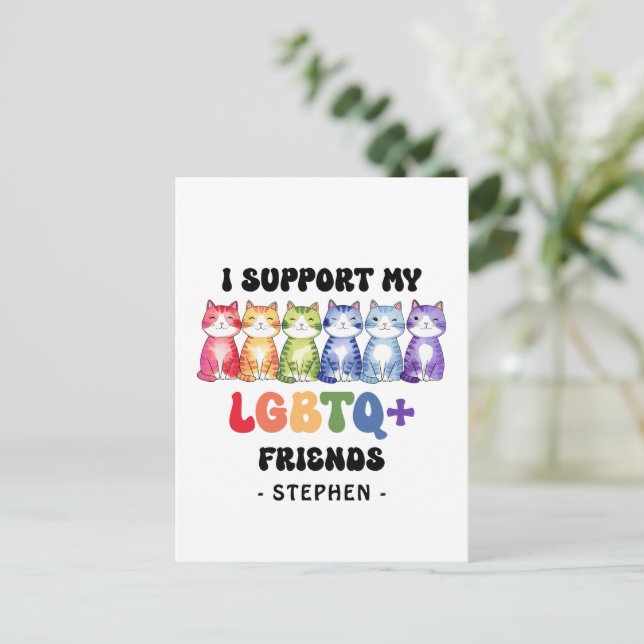 I Support My LGBTQ Friends – Rainbow Cat Pride Postcard (Standing Front)