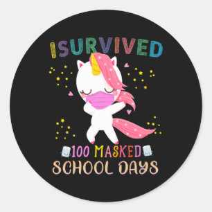 I Survived 100 Masked School Days Dabbing Unicorn Classic Round Sticker