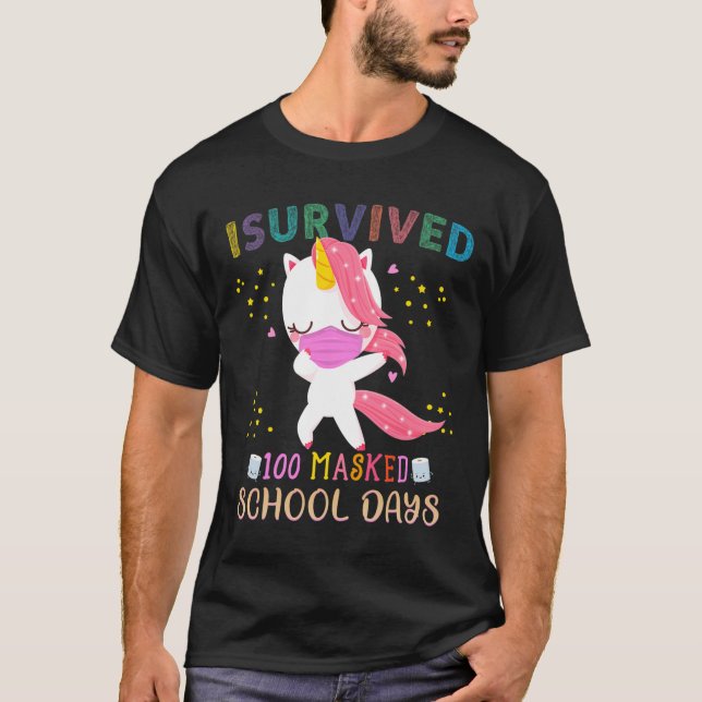 I Survived 100 Masked School Days Dabbing Unicorn  T-Shirt (Front)