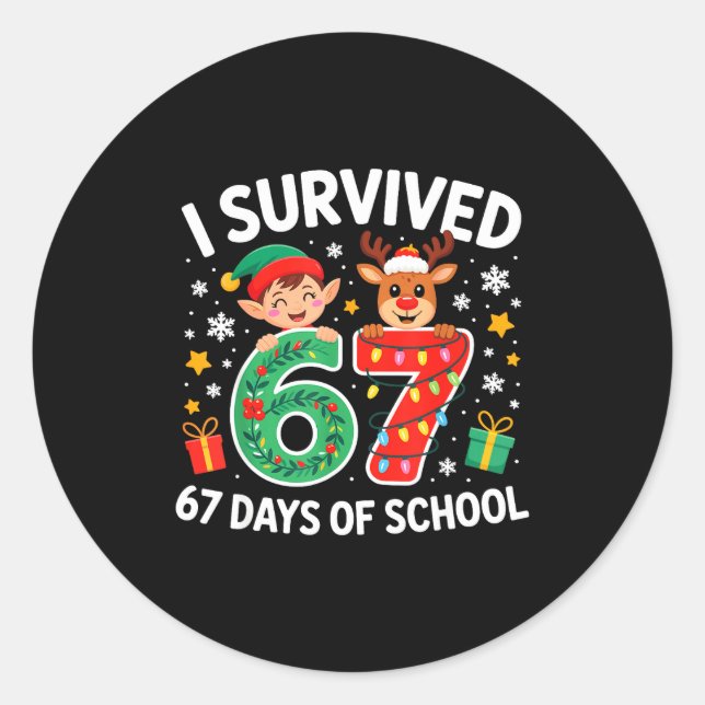I Survived 67 Days Of School Christmas Candy Cane  Classic Round Sticker (Front)