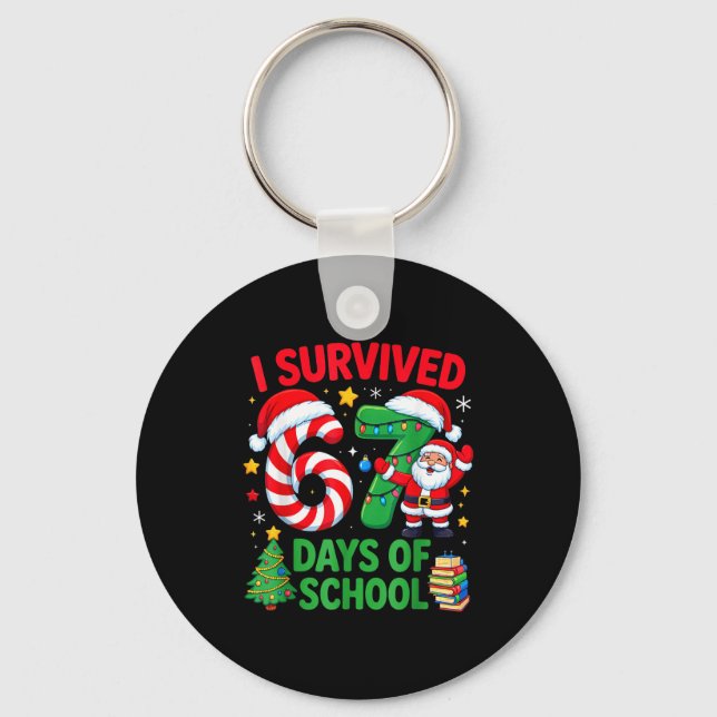 I Survived 67 Days Of School Christmas Candy Cane  Key Ring (Front)