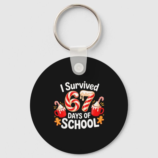 I Survived 67 Days Of School Christmas Candy Cane  Key Ring (Front)
