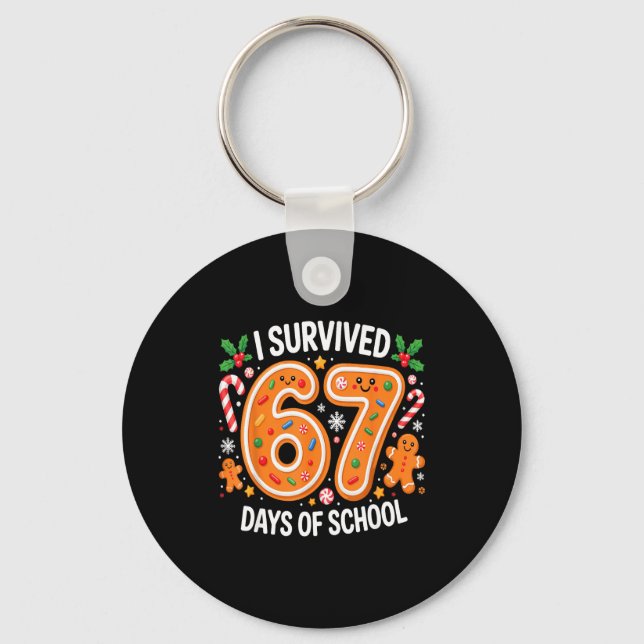I Survived 67 Days Of School Christmas Candy Cane  Key Ring (Front)