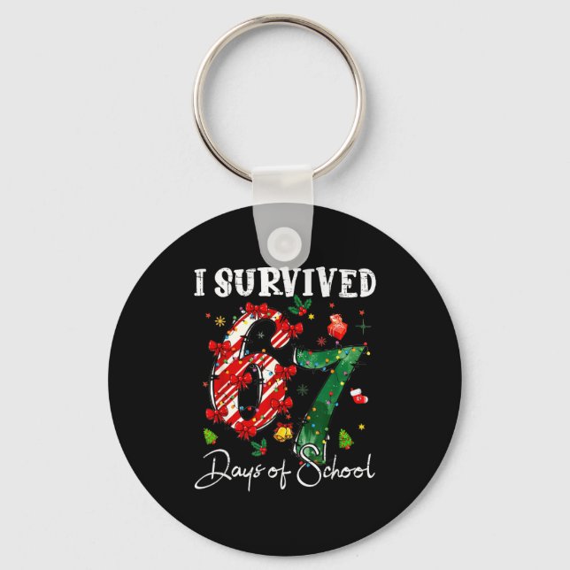 I Survived 67 Days Of School Christmas Candy Cane  Key Ring (Front)