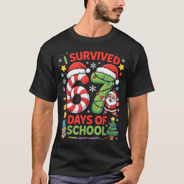 I Survived 67 Days Of School Christmas Candy Cane  T-Shirt (Front)