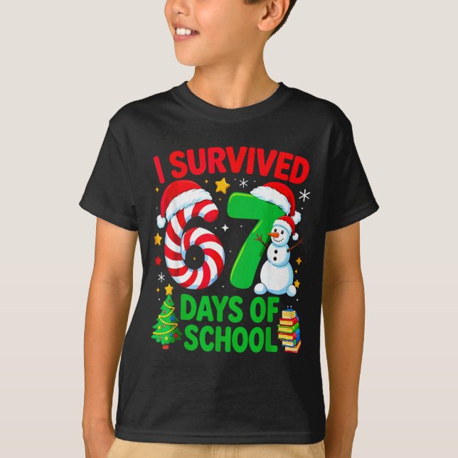 I Survived 67 Days Of School Christmas Candy Cane  T-Shirt (Front)