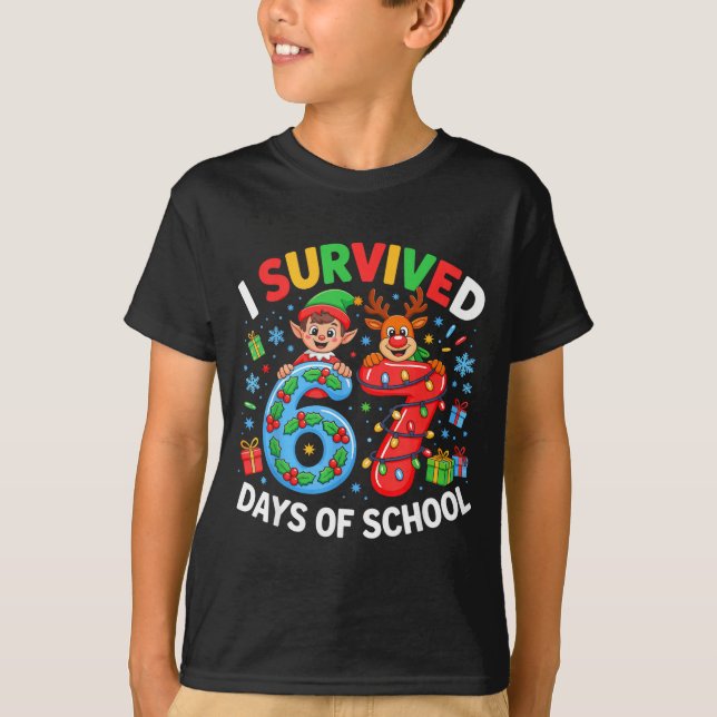 I Survived 67 Days Of School Christmas Candy Cane  T-Shirt (Front)