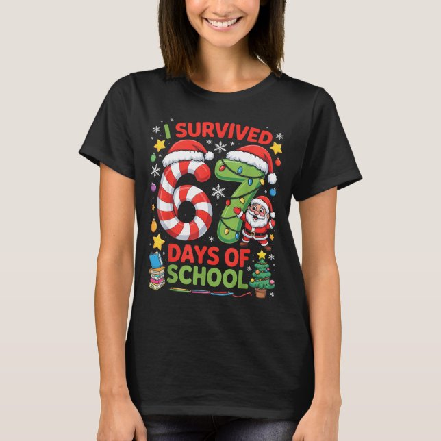 I Survived 67 Days Of School Christmas Candy Cane  T-Shirt (Front)