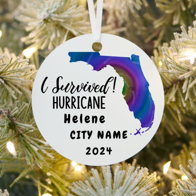 I Survived! Hurrican Helene Florida & City Name Metal Tree Decoration (Insitu)