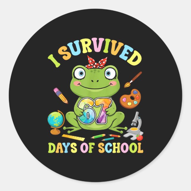 I Survived Six Seven Days Of School Cute Frog Stud Classic Round Sticker (Front)