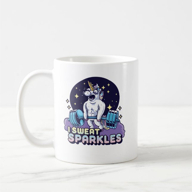 I Sweat Sparkles Funny Lifting Gym Workout Unicorn Coffee Mug (Left)