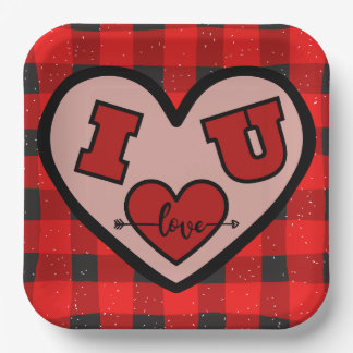 I ♥ U I Love You Buffalo Plaid Paper Plate