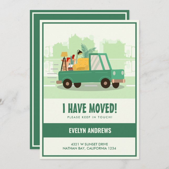 I’ve Moved Green Car On The Road Moving Announcement (Front/Back)