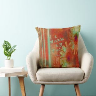 I Walk By Faith Orange/Teal Gerber Throw Pillow