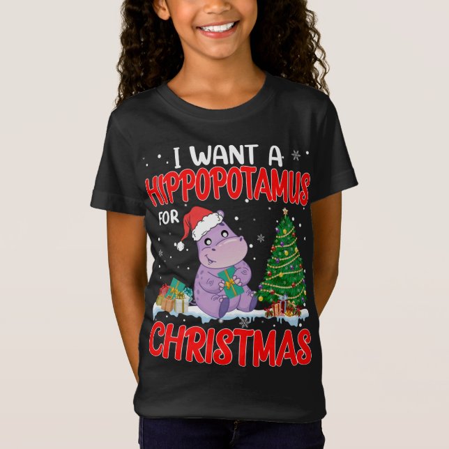 I Want A Hippopotamus For Christmas Lights Hippo X T-Shirt (Front)