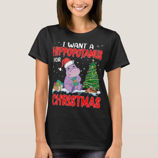 I Want A Hippopotamus For Christmas Lights Hippo X T-Shirt (Front)