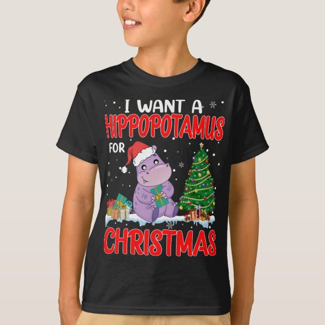 I Want A Hippopotamus For Christmas Lights Hippo X T-Shirt (Front)