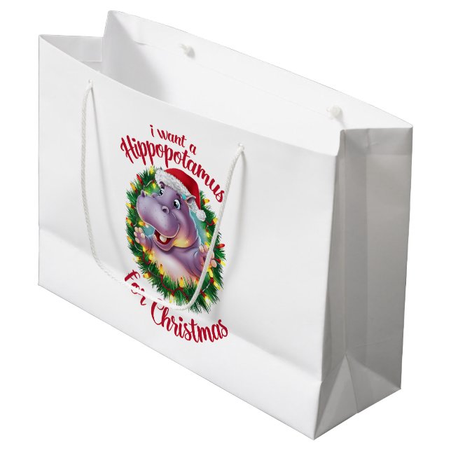 I Want A Hippopotamus For Christmas Xmas Hippo  Large Gift Bag (Front Angled)
