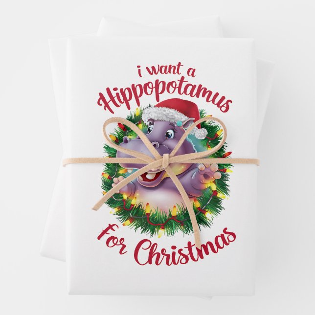 I Want A Hippopotamus For Christmas Xmas Hippo  Wrapping Paper Sheet (In situ)