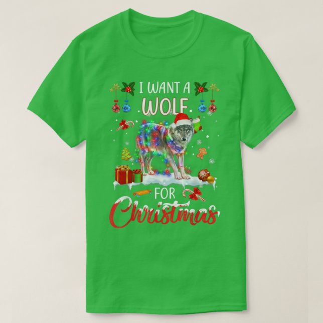 I Want A Wolf For Christmas Xmas Lights Santa Wolf T-Shirt (Design Front)