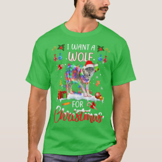 I Want A Wolf For Christmas Xmas Lights Santa Wolf T-Shirt