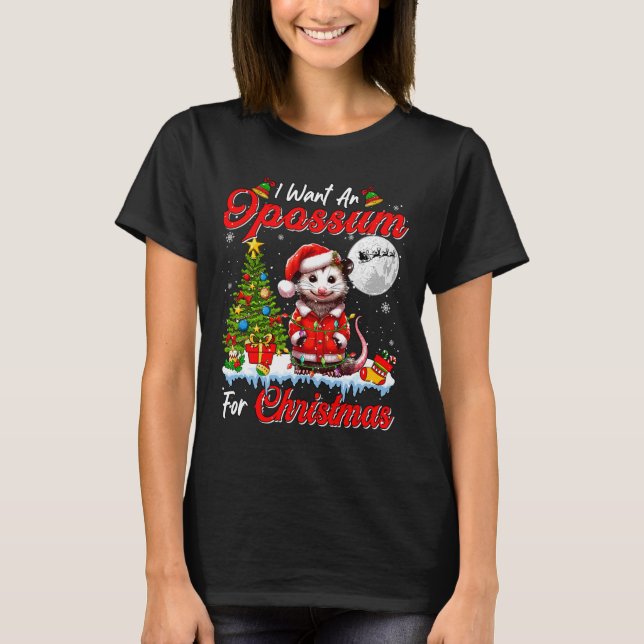 I Want An Opossum For Christmas Cute Santa Sungles T-Shirt (Front)