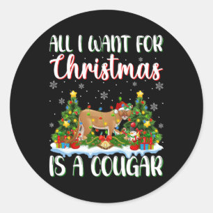 I Want For Christmas Is A Cougar Xmas Tree Lights Classic Round Sticker