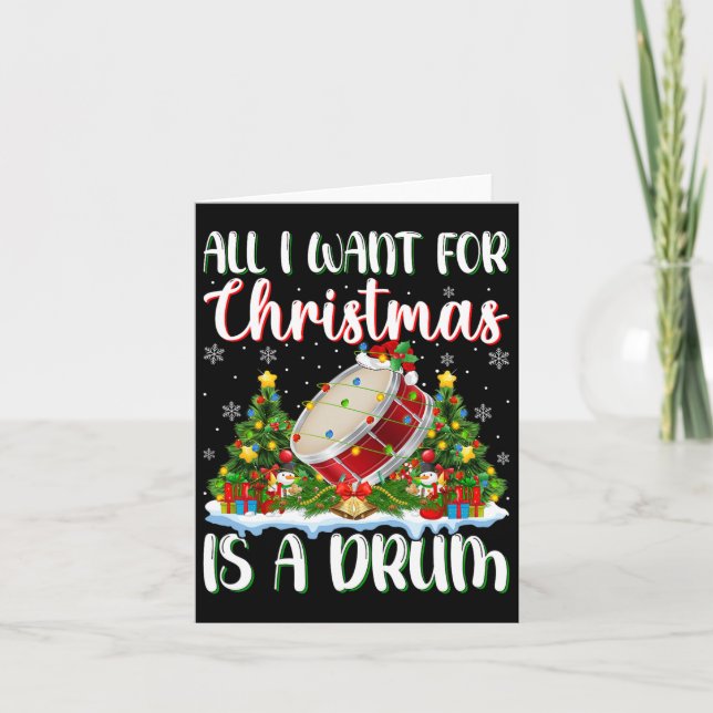 I Want For Christmas Is A Drum Xmas Tree Lights  Card (Front)
