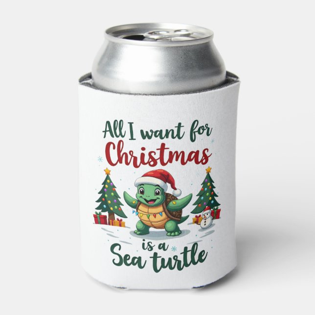I Want For Christmas Is A Sea Turtle Xmas Tree Lig Can Cooler (Can Front)