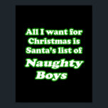 I want Santa's list of naughty boys Poster<br><div class="desc">Shirtuosity.com - Humourous Tees & Apparel Shop Cool and Kitschy Shirts,  Retro Designs,  Funny Gear,  Humour Tees,  Hilarious Hoodies,  Cool Bumper Stickers,  Buttons,  Magnets and more in our store.   http://www.Shirtuosity.com</div>