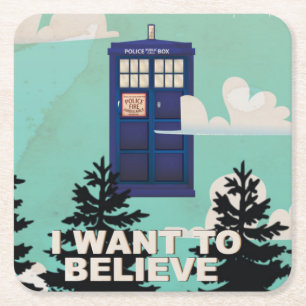 I Want to Believe Vintage Police Box Square Paper Coaster