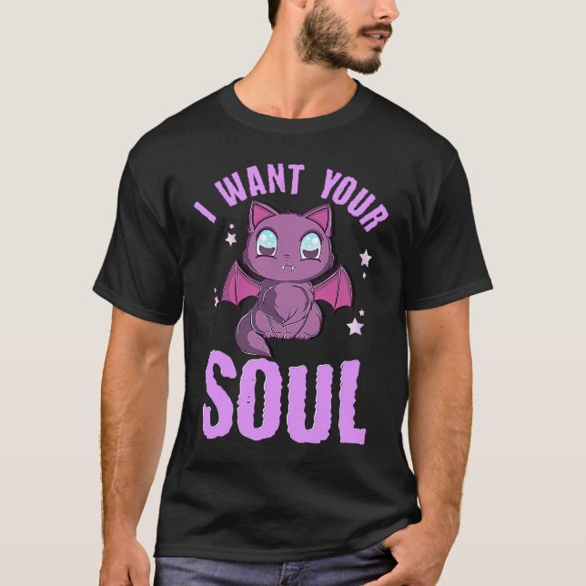 I Want Your Soul Funny Halloween Cute Black Cat Ba T-Shirt (Front)