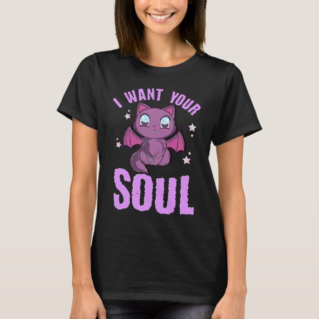 I Want Your Soul Funny Halloween Cute Black Cat Ba T-Shirt (Front)