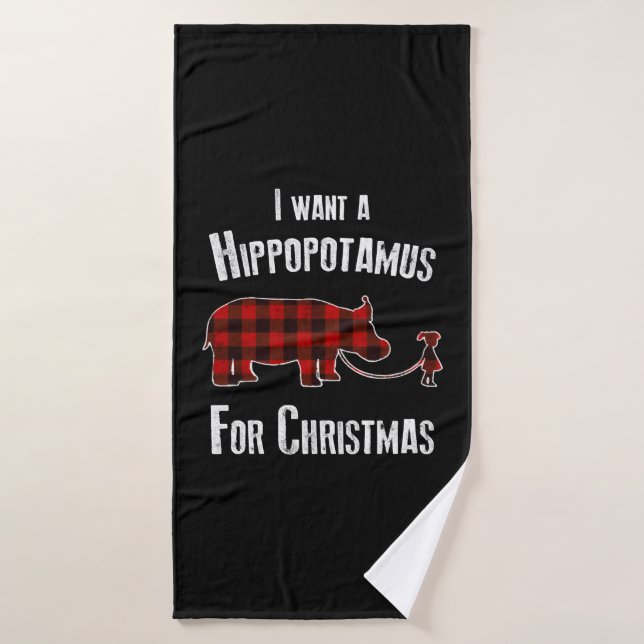 I Wants A Hippopotamus For Christmas Red Plaid Bath Towel (Bath Towel)