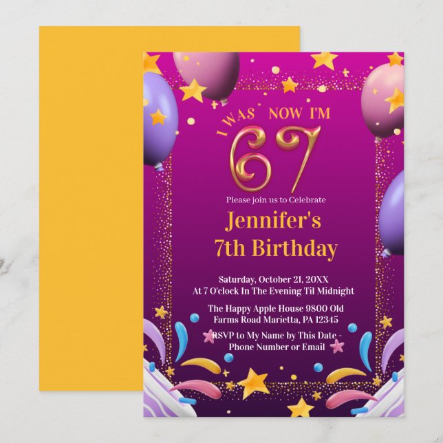 I Was 6 Now I’m 7 Birthday for kids  Invitation (Front/Back)