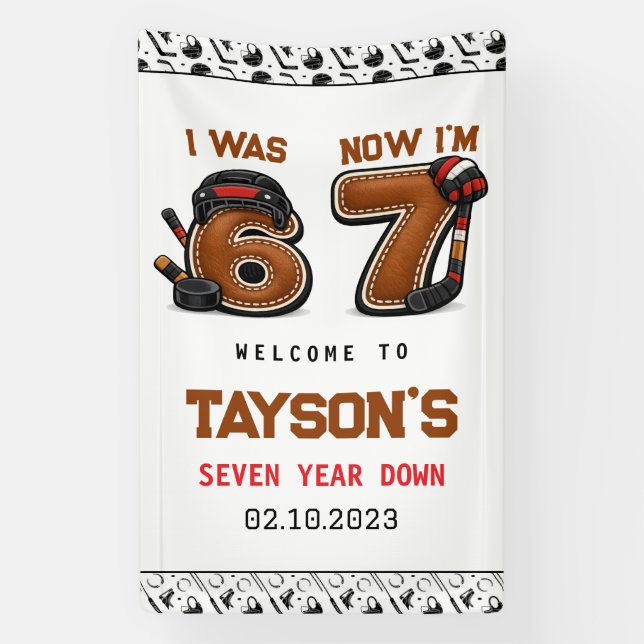 I Was 6, Now I’m 7 – Hockey 7th Birthday Party Banner (Vertical)