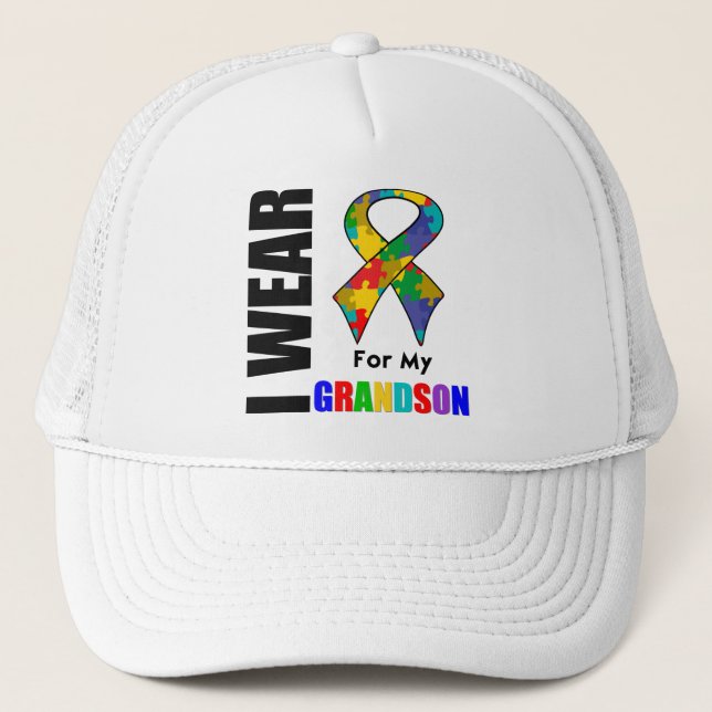 I Wear Autism Ribbon For My Grandson Trucker Hat (Front)