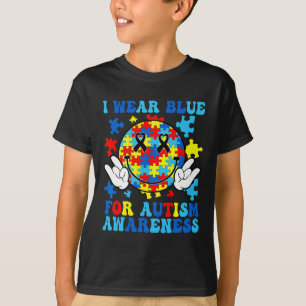 I Wear Blue For Autism Awareness Groovy Retro Smil T-Shirt