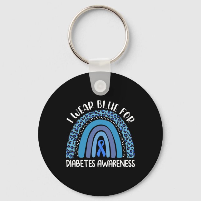 I Wear Blue For Diabetes Awareness Support Rainbow Key Ring (Front)