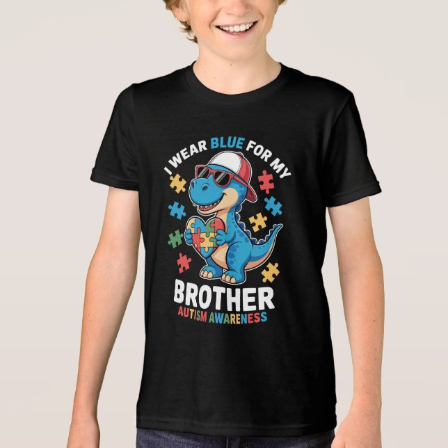 I Wear Blue for My Brother Dino Autism Awareness Tri-Blend Shirt (Front)