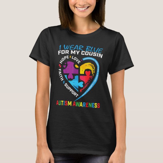 I Wear Blue For My Cousin Autism Awareness Puzzle  T-Shirt (Front)