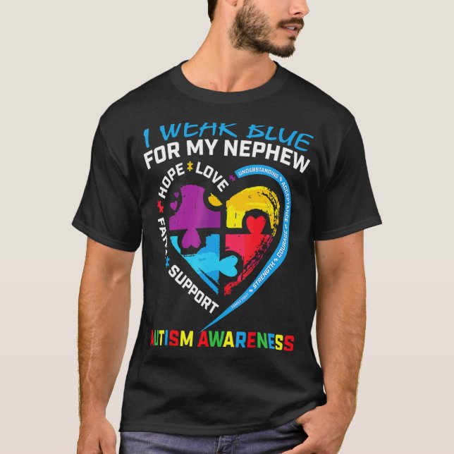 I Wear Blue For My Nephew Autism Awareness Puzzle  T-Shirt (Front)