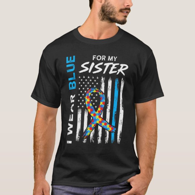 I Wear Blue For My Sister American Flag Ribbon Puz T-Shirt (Front)