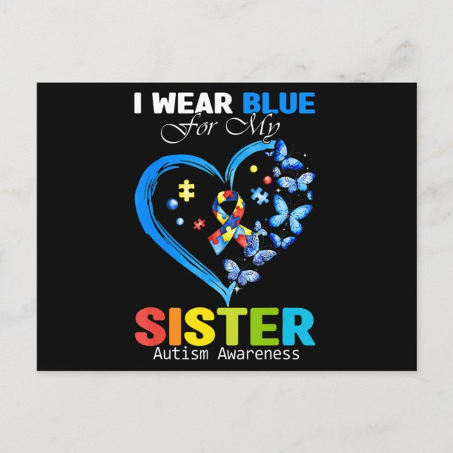I Wear Blue For My Sister Autism Awareness Heart R Postcard (Front)
