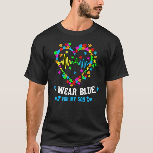 I Wear Blue For My Son Love Heart Autism Awareness T-Shirt (Front)