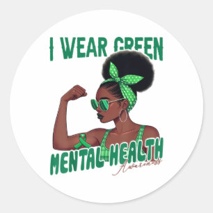 I Wear Green Mental Health Awareness Black Woman M Classic Round Sticker
