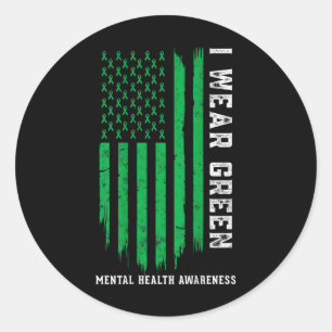 I Wear Green Ribbon American Flag Mental Health Aw Classic Round Sticker